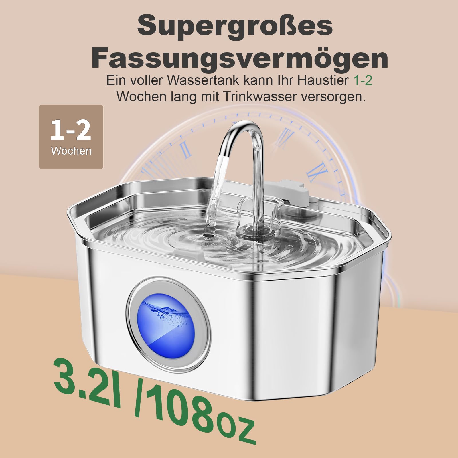 Apauk Katzenbrunnen, Trinkbrunnen für Katze, Trinkbrunnen Edelstahl, Ultraleiser Trinkbrunnen für Katze und kleine Hunde,mit LED-Fenster, S -3.2L Große Kapazität (A-2 Filter & 2 Schwämme) 4