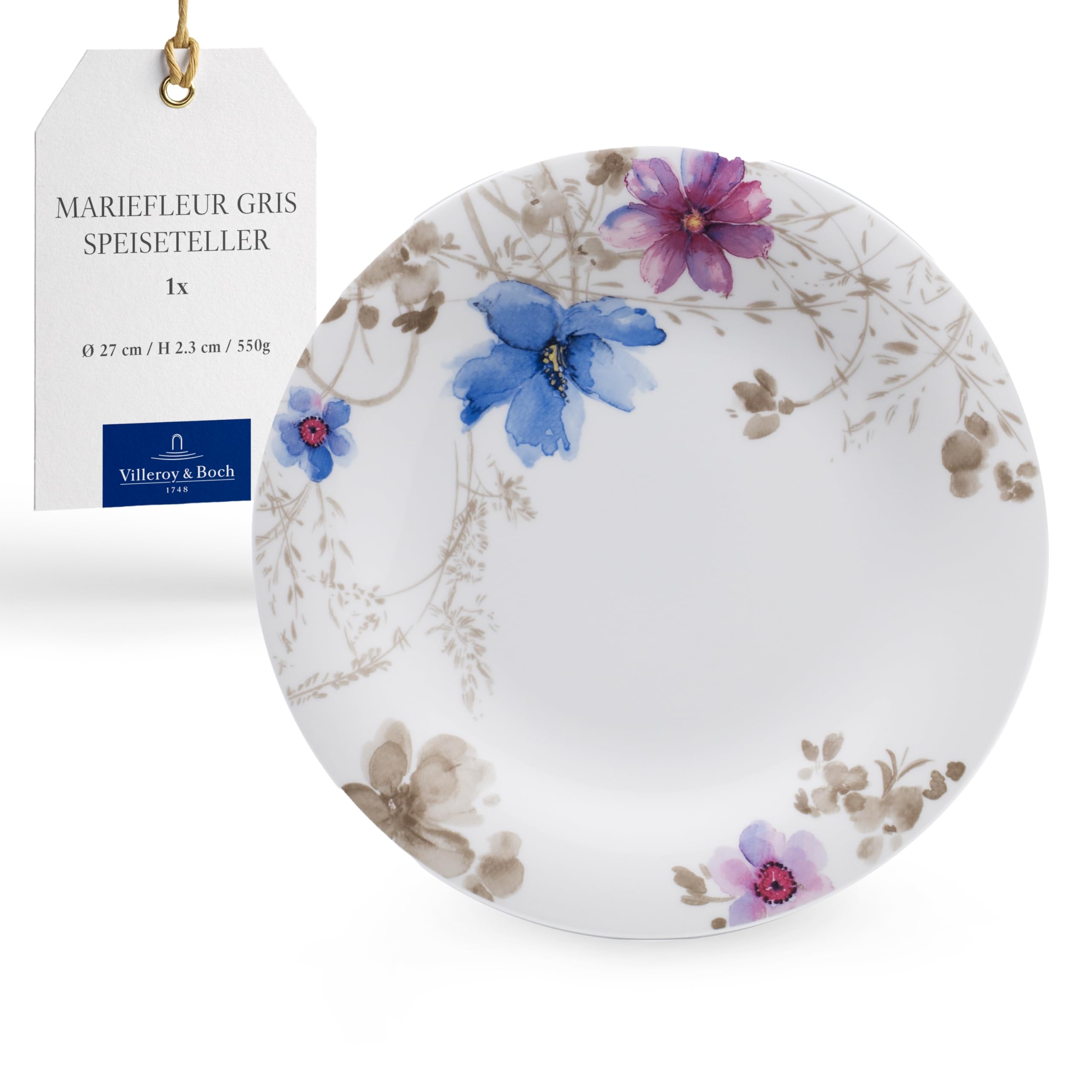 Villeroy & Boch Mariefleur Gris Basic Dinner Plate, 27 cm, Premium Porcelain, White/Multicoloured