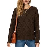 Women's Fall and Winter Long Sleeve Crewneck Sweater, Soft Knit with Diamond Pattern, Relaxed Fit Pullover Top, Brown