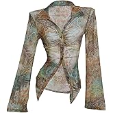 OYOANGLE Women's Tropical Print Button Down Sheer Blouse Flare Long Sleeve Ruched Collared Shirts Going Out Tops