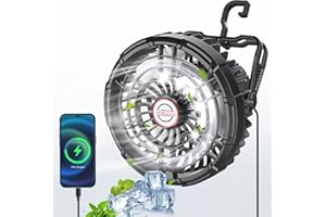 ACKARIDO Camping Fan with LED Lantern, 10400mAh Rechargeable Portable Tent Fan with Hang Hook, Mobile Power Bank, 180°Head Rotation, Quiet Work Perfect Battery Operated USB Fan for Picnic, Barbecue, Fishing