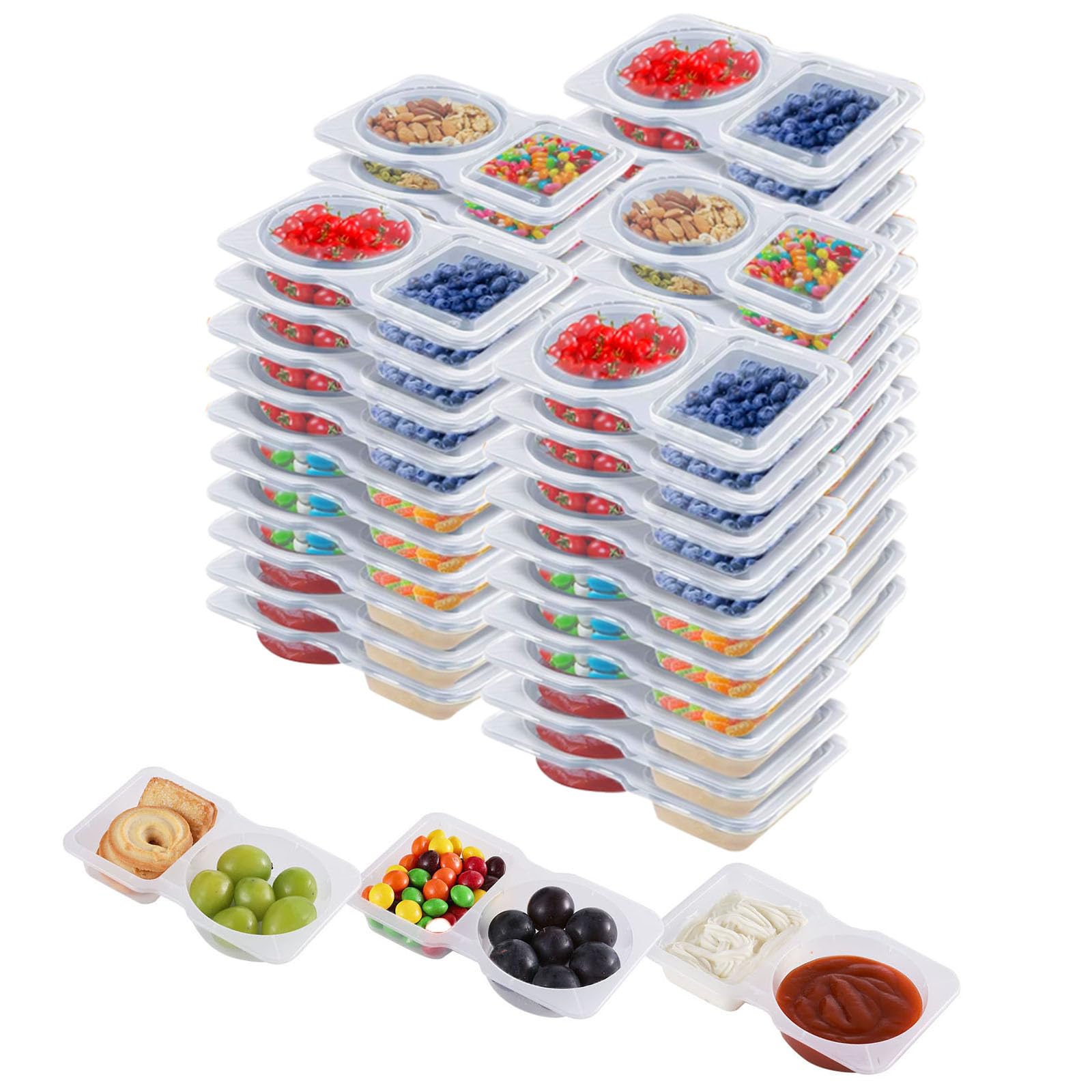 Photo 1 of 50 Pack Double Compartment Condiment Container with Lids,2 Compartment Small Resuable Snack Box Containers, 5 Oz Divided Snack Tray For Meal Prep,Sauce,Salad,Travel