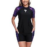 Halcurt Women's Two Piece Rash Guard Swim Shirts Built in Bra Swimsuit with Boyshorts with Pockets