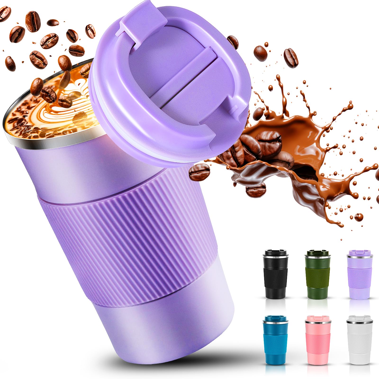 SENBSLAN Travel Mug,510ml Insulated Coffee Cup with Leakproof Lid,Non-Slip Coffee Travel Mugs for Hot Drinks,Double Walled Stainless Steel Thermal Mugs for Hot Cold Drinks (Purple)