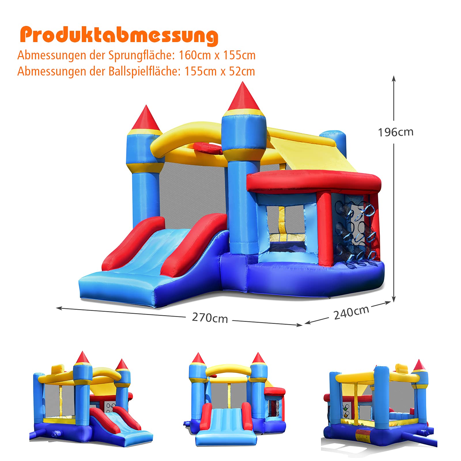 COSTWAY Kinder aufblasbare Hüpfburg, Hüpfburg mit Rutsche, Ballgrube, Reparaturflicken, Aufbewahrungstasche, Kinder-Hüpfburg für Hinterhof, Indoor & Outdoor-Einsatz 270x240x196cm 7