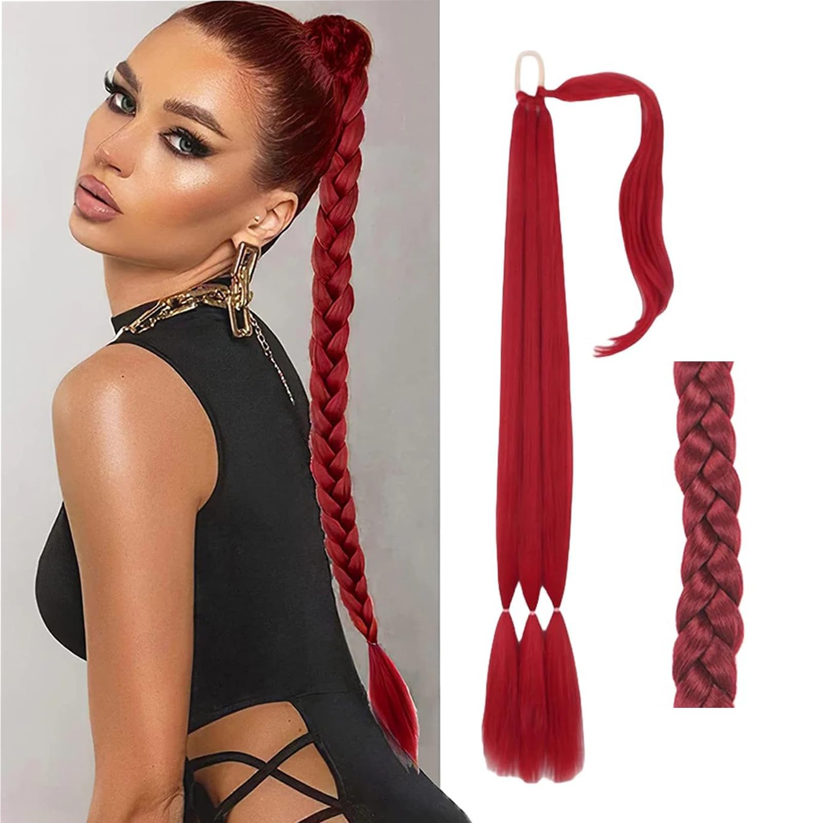 32inch Long Braid Ponytail Extension Straight Sleek Wrap Around Braid Hair Extensions Ponytail Synthetic Hair Pieces for Women Girls (Red)
