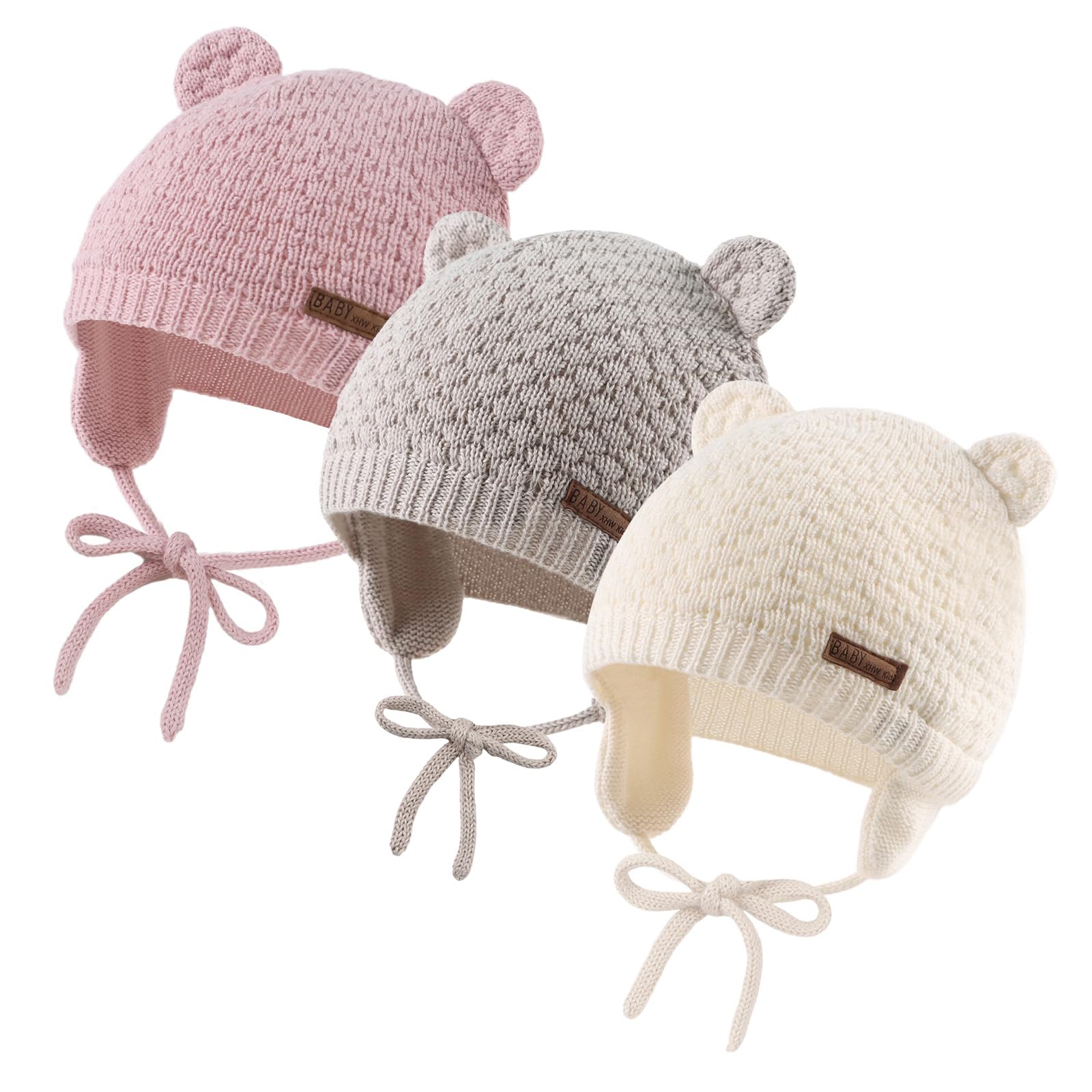 Photo 1 of JANGANNSA Cute Knitted Boys Girls Christmas Beanie Warm Earflap Winter Hat Infant Toddler Baby Beanie 0-2Y (S, White+Beige+DeepPink)