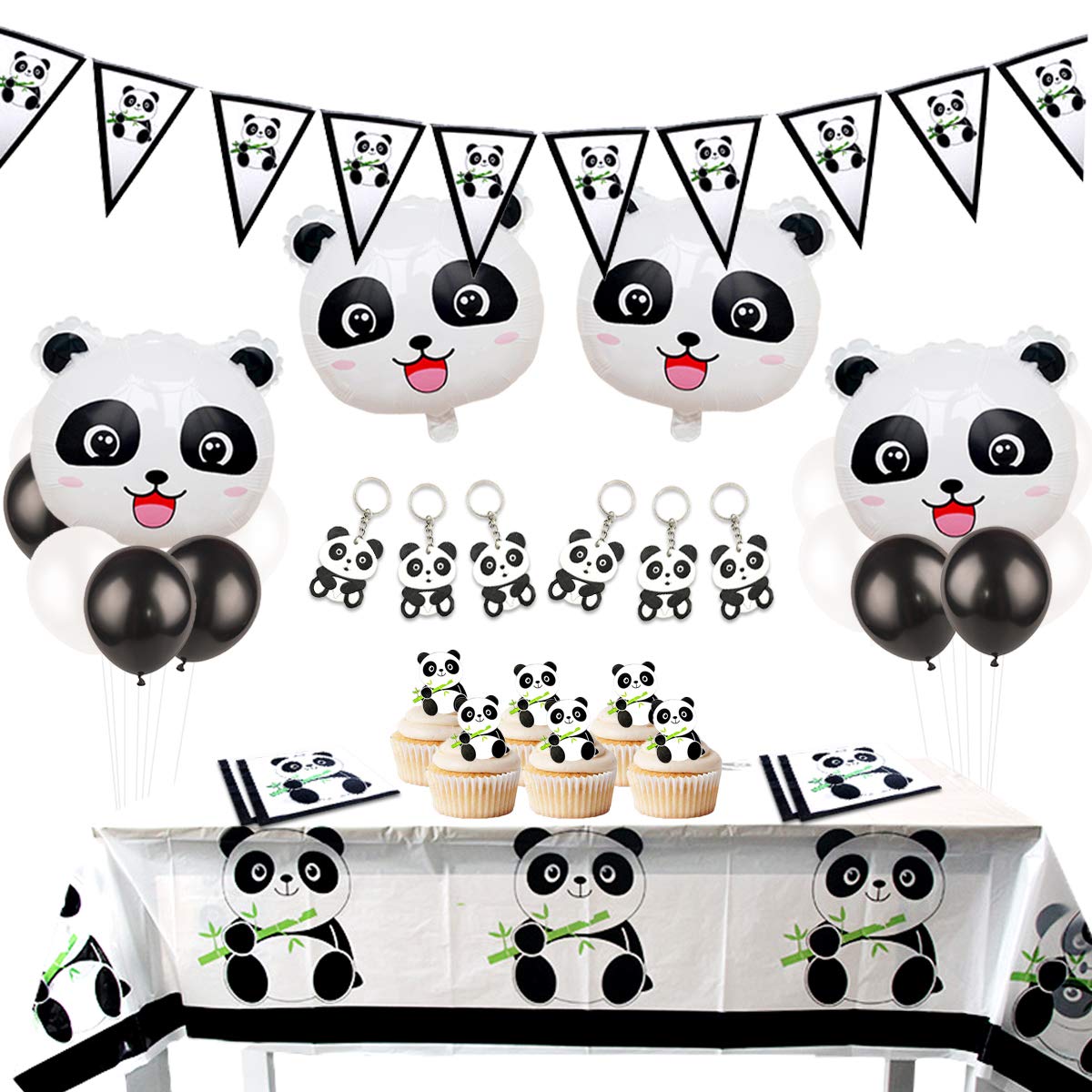 JOYMEMO Panda Birthday Party Decorations Set, Panda Pennant Banner, Mylar Balloons Cake Toppers Tablecloth for Birthday, Baby Shower Supplies Favors
