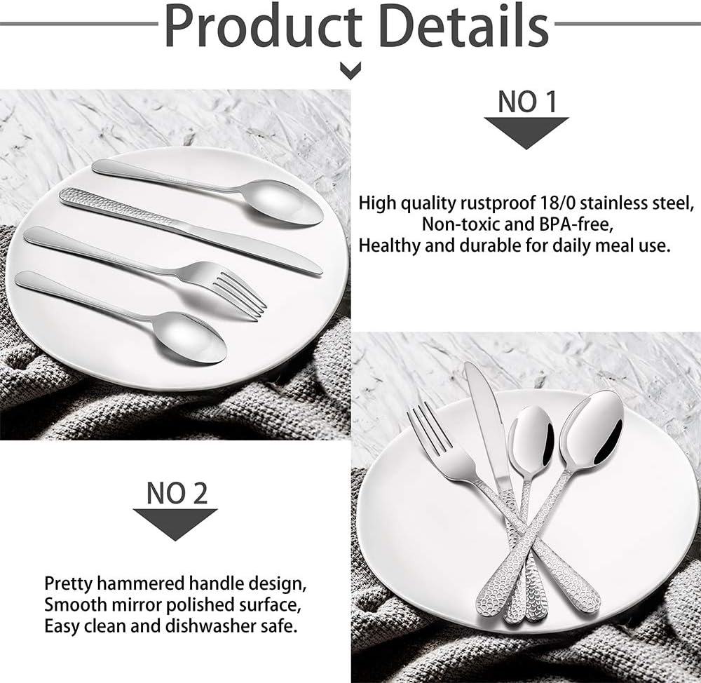 Cutlery Set, Stainless Steel 32 Piece Flatware Set for 8, Hammered Design Silverware Set for Big Family/Camping/Picnic - Image 4