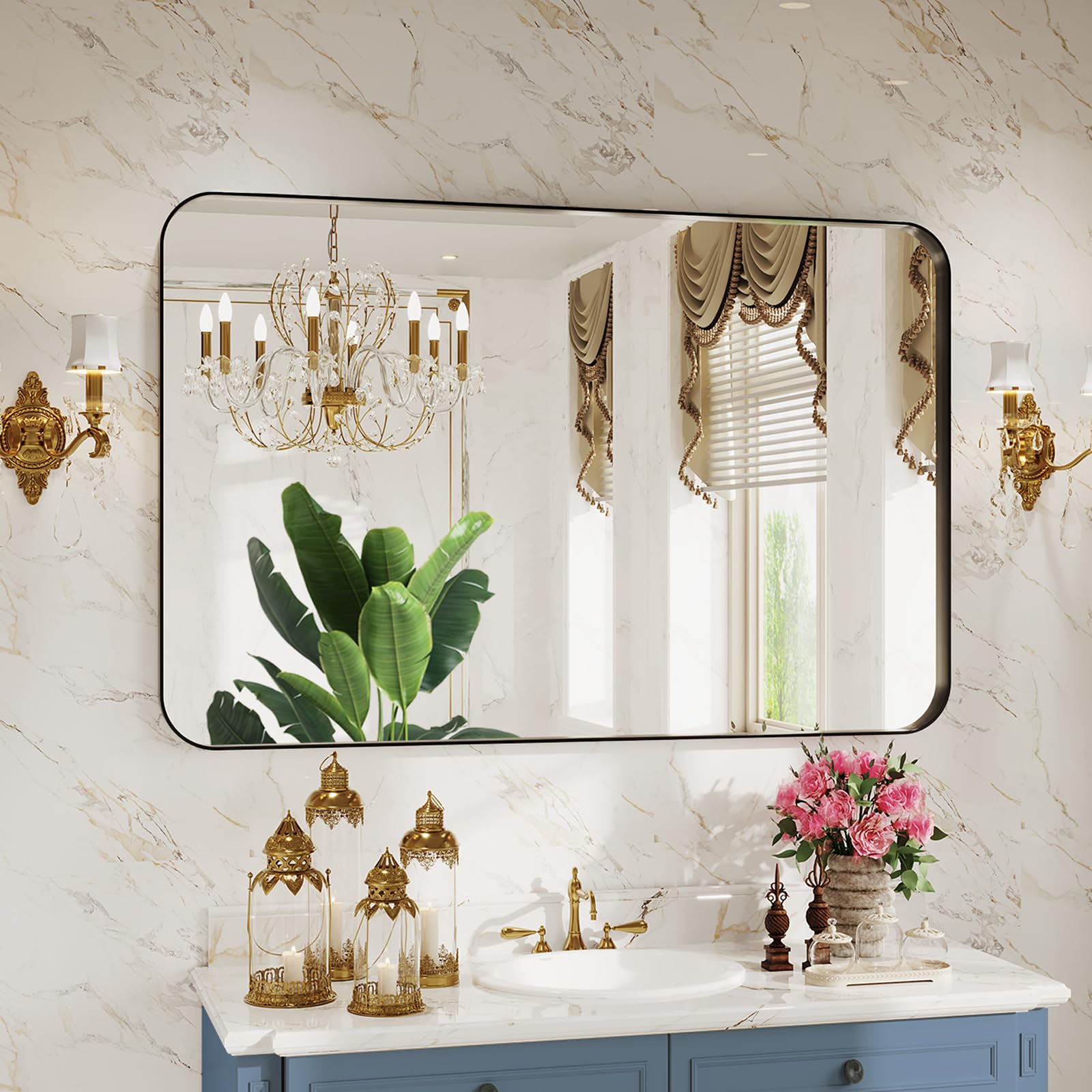 Photo 1 of ROOMTEC Black Bathroom Mirrors for Wall, 48X32 Inch Rounded Rectangle Mirror, Matte Black Bathroom Vanity Mirror, Metal Framed Wall-Mounted Mirror,Tempered Glass,?Horizontally or Vertically?