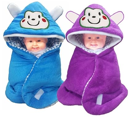 Brandonn 3 in 1 Baby Wrapper or Blanket Cum Sleeping Bag Bedding (Blue and Wine, Pack of 2)