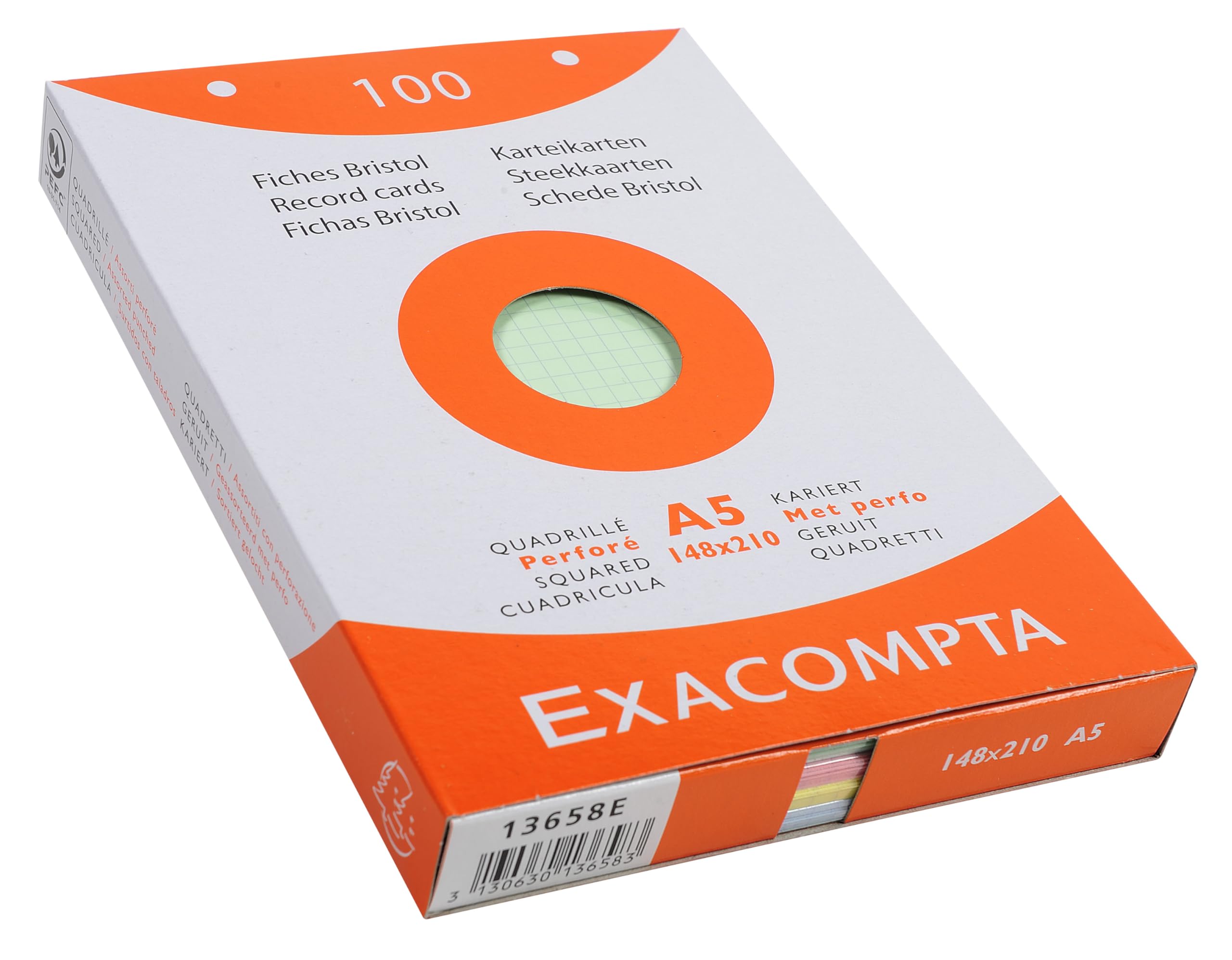 Exacompta - Ref 13658E - Bristol Squared & Punched Record Cards (Pack of 100) - A5 in Size, 205gsm Card, Compatible with Printers - Suitable for Exam Revision & Notes - Assorted Colours — image 1