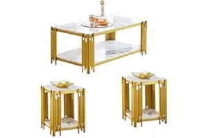 KUVADAZ 3 Pieces Living Room Table Set, White Faux Marble Coffee Table Set of 3, Modern Coffee Table and 2 End Tables with Gold Metal Frame for Living Room Office Apartment