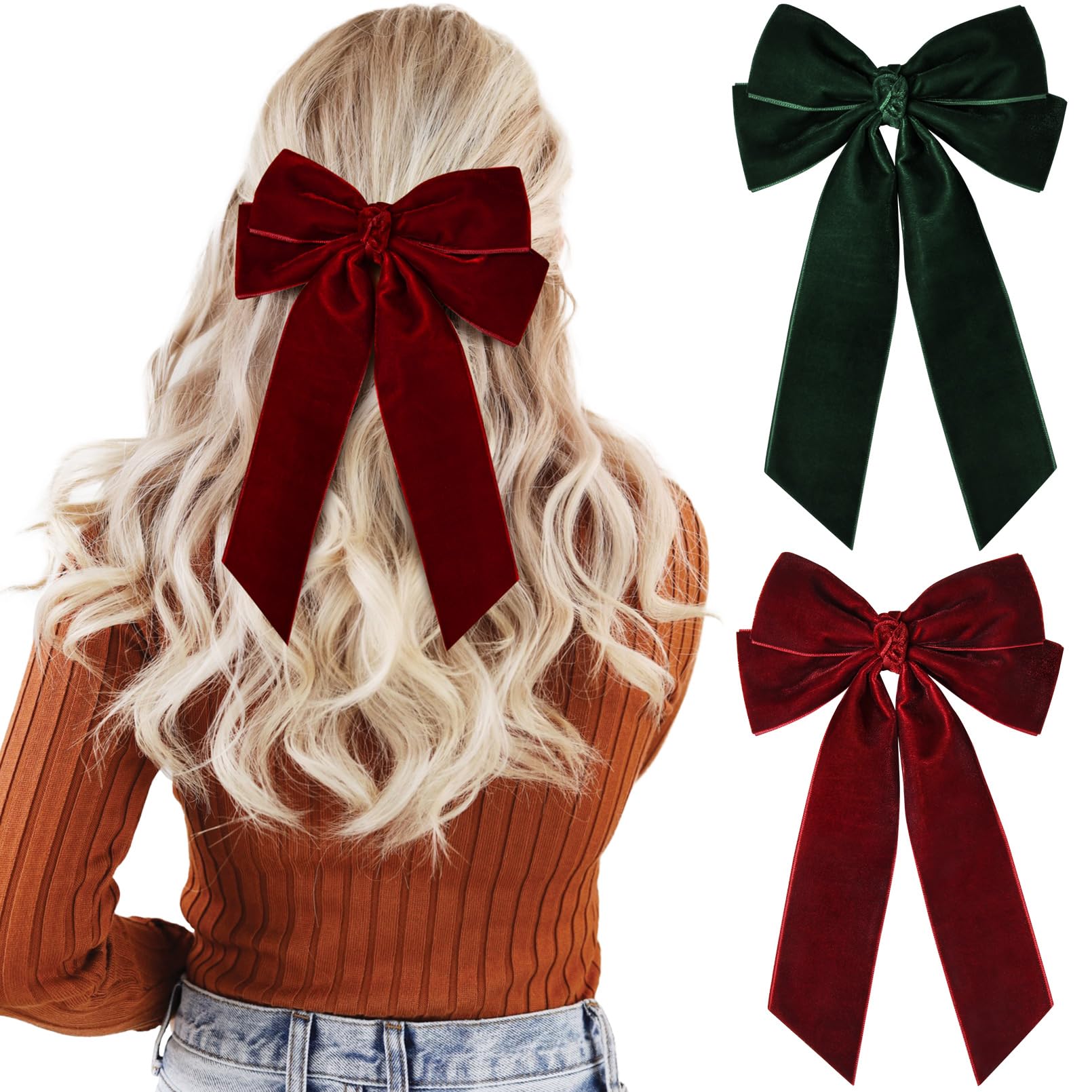 Photo 1 of 2PCS Velvet Hair Bows Hair Ribbon Clips Green Wine red Big Fall Alligator Clips Hair Accessories for Women Girls Toddlers Kids Baby