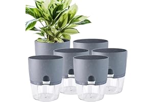 Oliz 6 Inch Self Watering Pots for Indoor Plants, 6 Pack Grey Plastic Flower Pots with Drainage Holes for African Voilet Herbs All House Plants (Include 1 Spray Bottle)