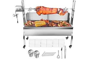 Migoda 176LBS Stainless Steel Rotisserie Grill With Back Cover Guard, 25W Motor Small Pig Lamb Roaster, 37'' 2 in 1 BBQ Charcoal Grill for Camping Outdoor Kitchen