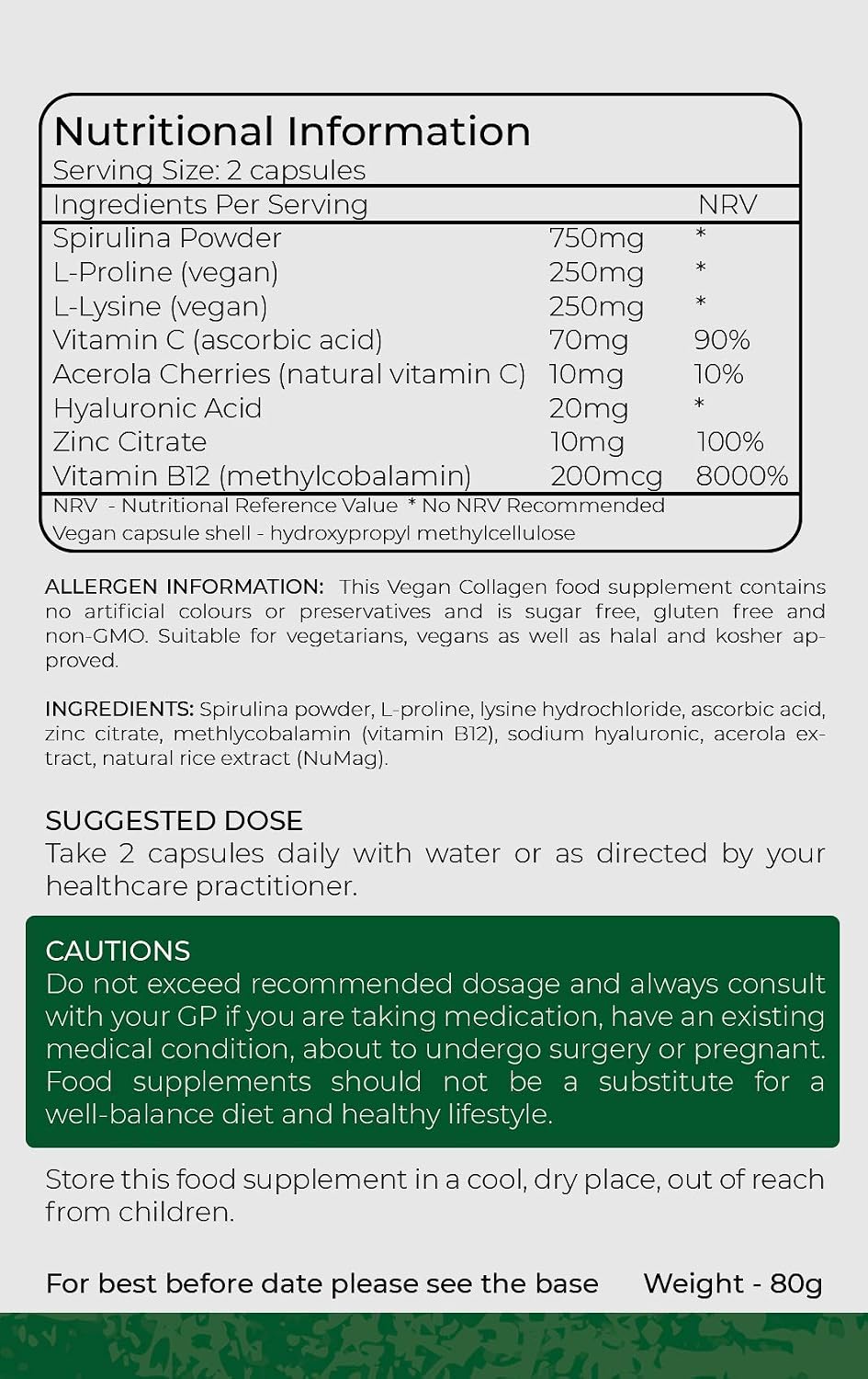 Vegan Collagen Supplement - 1400mg, Spirulina, L-Lysine, L-Proline, Acerola Cherries , Vitamin C & B12, Zinc, Hyaluronic Acid, UK Made - Image 3