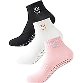 Mokde Mondge 3 Pairs Yoga Pilates Socks With Grips for Women, Non Slip Grip Socks for Yoga, Barre, Dance Cushioned Crew Socks