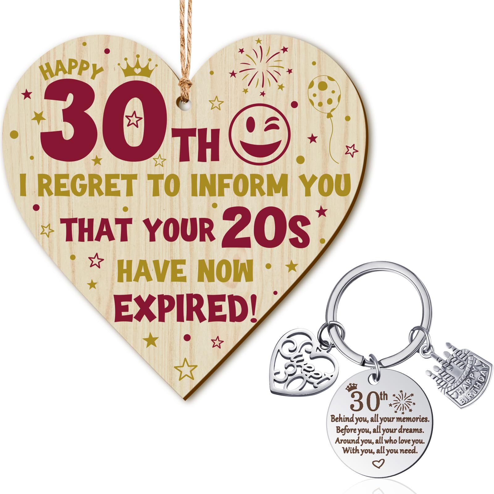 Yaomiao 30th Birthday Gifts Set: Wooden Heart Plaque & Stainless Steel Keyring - 1 Count - Unisex Adult Birthday Decor