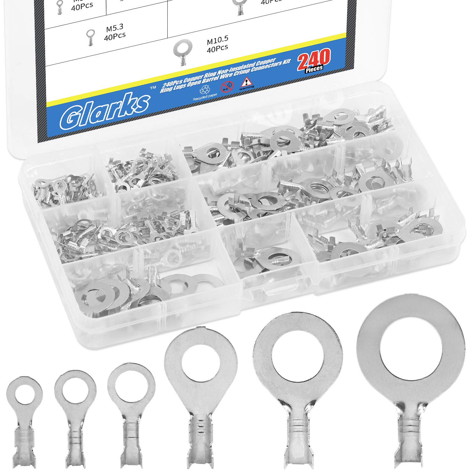 Glarks 240Pcs Copper Ring Terminal Assortment Set Non-Insulated Copper Ring Lugs Open Barrel Wire Crimp Connectors Kit