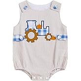 GOOCHEER Newborn Baby Boy Halloween Outfit Tractor Pumpkin Embroidery Bubble Romper Striped Sleeveless Bodysuit Clothes