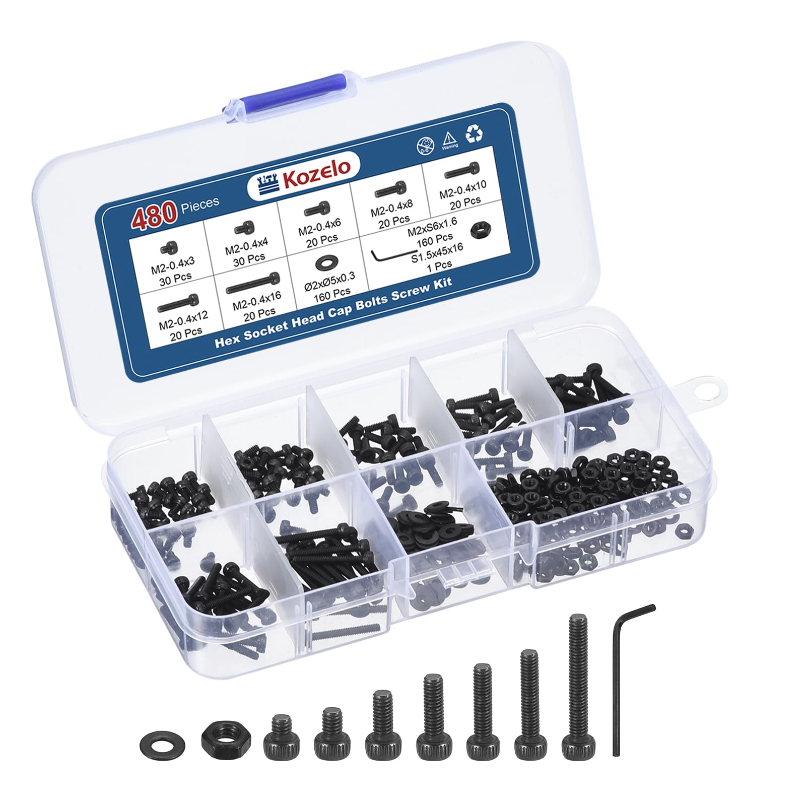 Kozelo 480pcs M2 Socket Head Cap Screws Bolts Nuts Assortment Kit - [M2x3/4/6/8/10/12/16mm] Alloy Steel Fully Threaded Black Oxide 12.9 Internal Hex Screw for 3D Printer Use, with Wrench — image 1