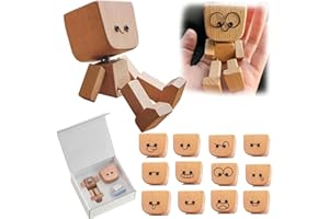 Shaking Wooden Man Figurine with 12 PCS Magnetic Expressions - Handmade Shaking Feet Wooden Doll, Car Ornaments, Funny Wood D