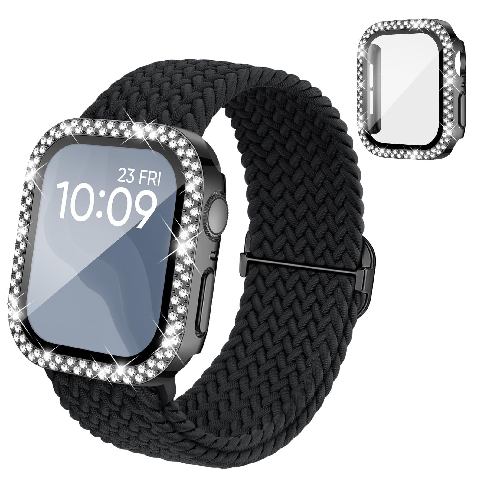 Photo 1 of Braided Stretchy Band Compatible for Apple Watch Bands for Women and Case 40mm 41mm 42mm 44mm 45mm 46mm, Solace Solo Loop Bling Diamond Screen Protector Cover for iWatch Series 11 10 9 8 7 SE 6 5 4