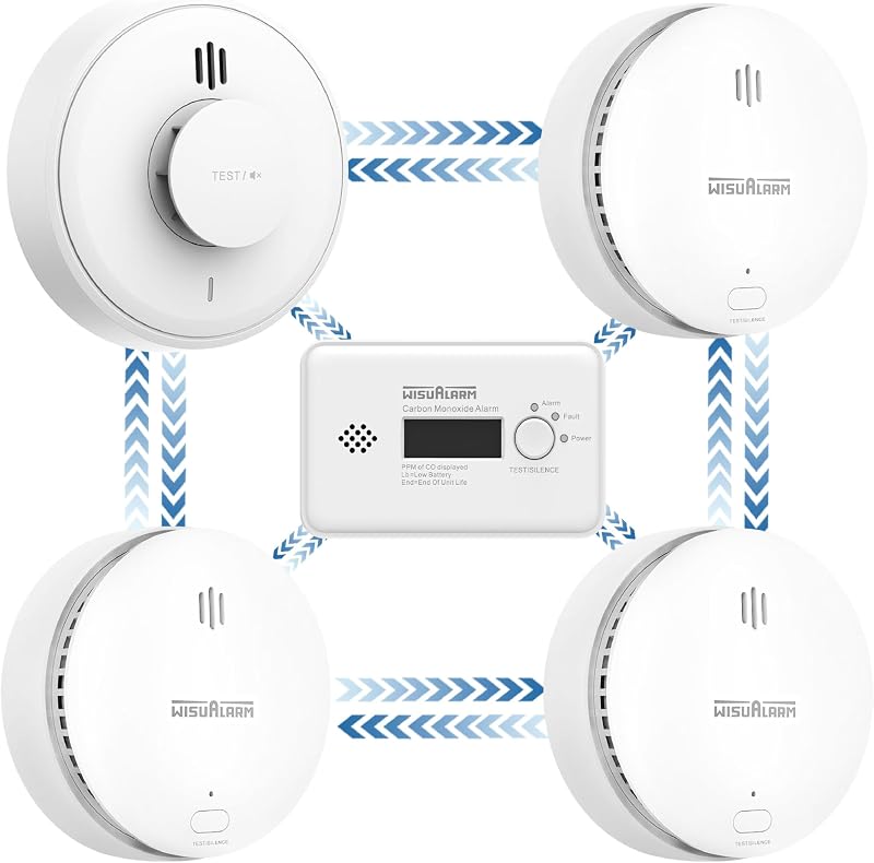 WISUALARM Wireless Interlinked Smoke Heat CO Alarm Kit 3 Smoke 1 CO 1 Heat
