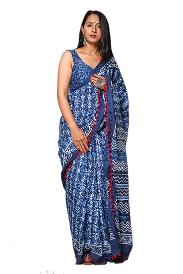 Womens Hand Block cotton blend Mulmul Saree with Blouse Jaipuri Print (Blue)