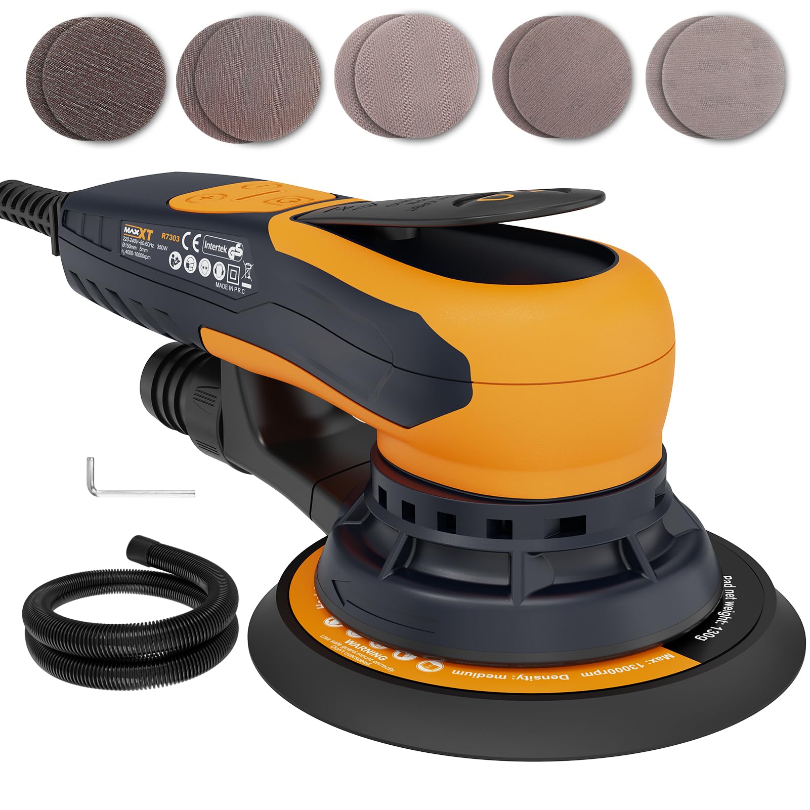 MAXXT Vibrant Orange 150mm Brushless Orbital Sander | 5.0mm Eccentric with 6-Speed Control | Low-Vibration Design & Advanced Dust Extraction for Woodworking, Car Detailing, DIY
