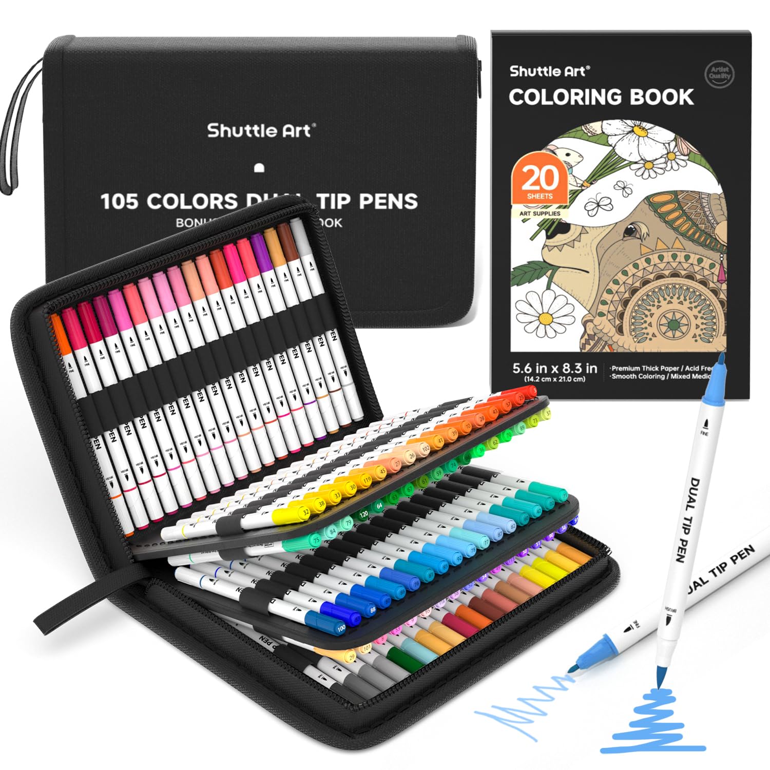 Shuttle Art Dual Tip Brush Marker Pens, 105 Colors Fine and Brush Tip Markers Set in Portable Case with 1 Coloring Book for Kids, Water-based Ink Adult Artist Coloring Calligraphy Journal Doodling