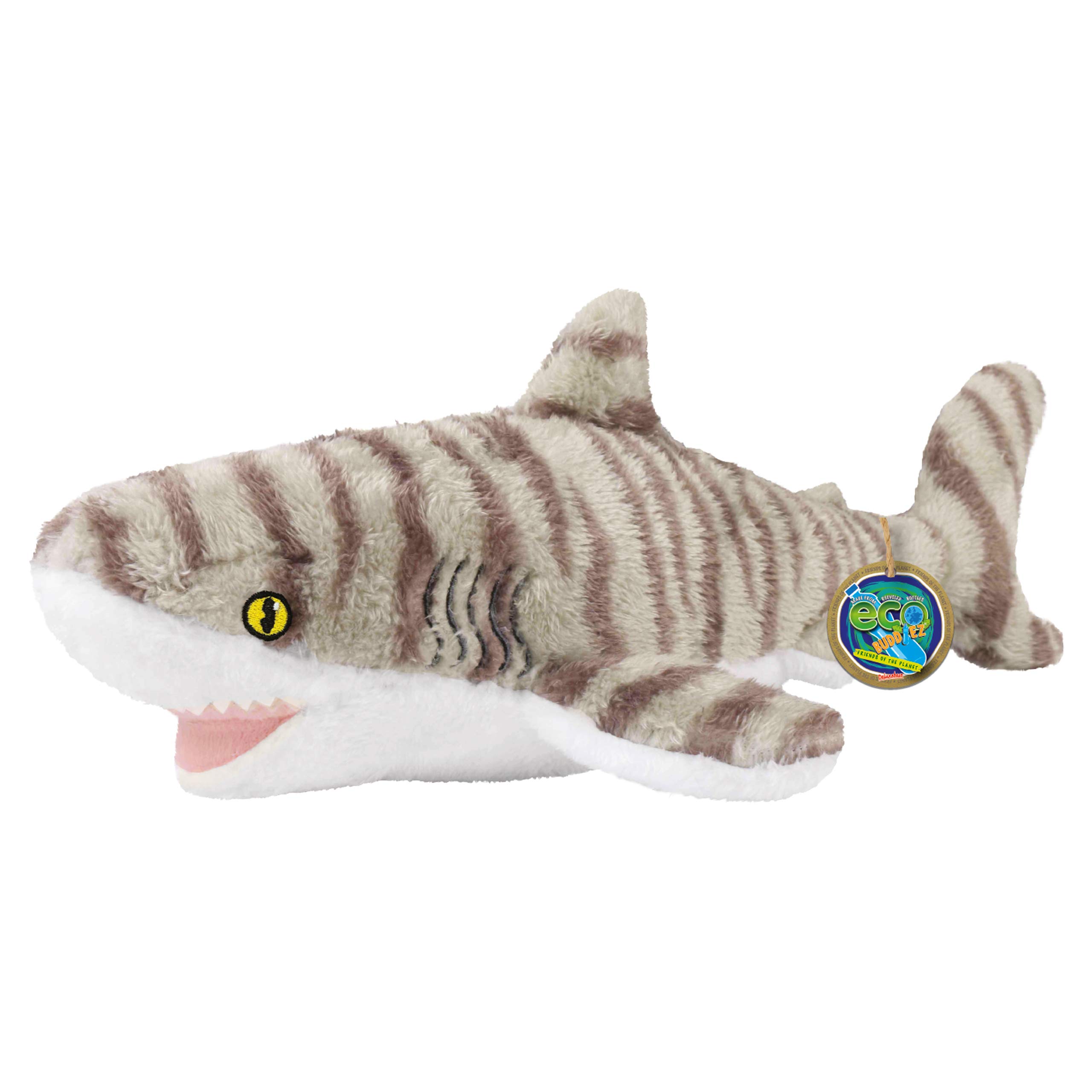 EcoBuddiez - Tiger Shark from Deluxebase. Medium 41cm Soft Plush Animals made from Recycled Plastic Bottles. Eco-Friendly Cuddly Gift for Kids and Cute Stuffed Animal Toy for Toddlers. — image 1