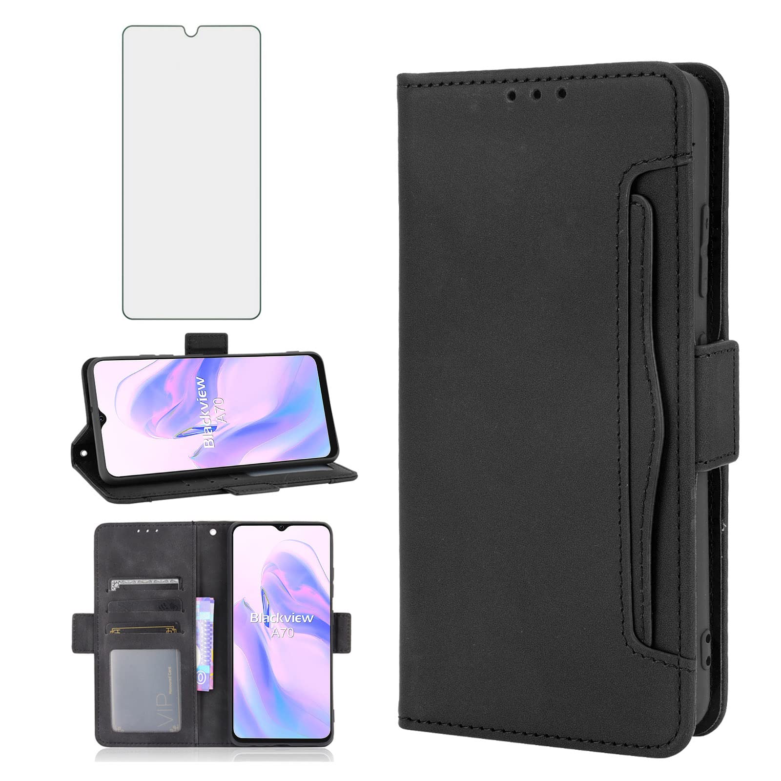 Asuwish Compatible with Blackview A70 Wallet Case 6.52 inch nd Tempered Glass Screen Protector Card Holder Credit ID Slot Flip Cell Accessories Phone Cover for BlackviewA70 Women Men Black