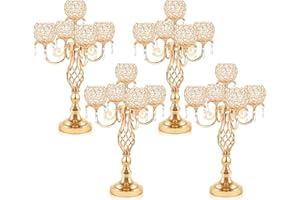 Kehail 5-Arm Crystal Candelabra Centerpiece 23.2" Tall - Elegant Candle Holder Stand with Crystal Bowl, Chic Table Decor for Weddings, Parties, Anniversary & Home Decoration (4, Gold)