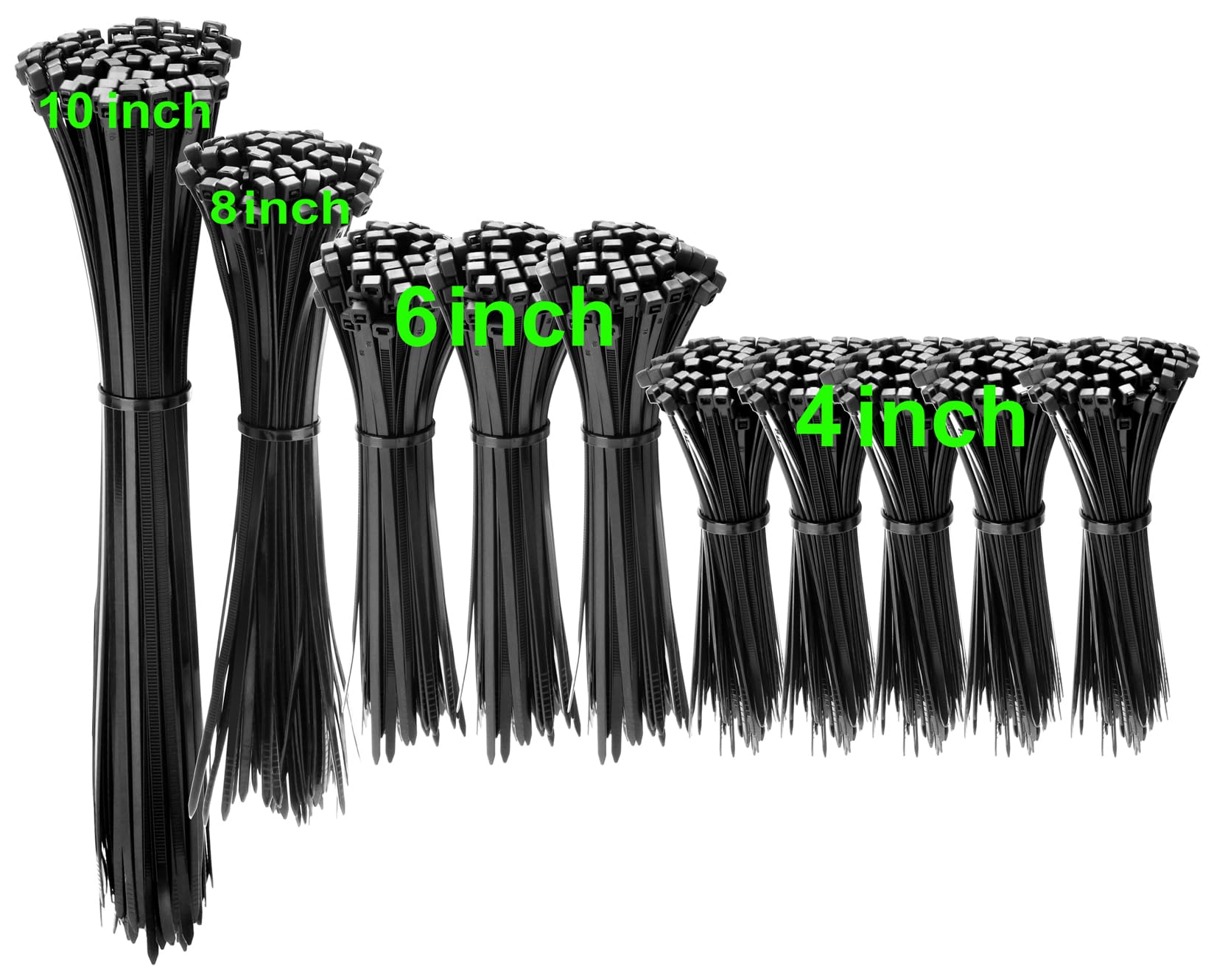 Viuxule Black Nylon Cable Ties, 1000 Pack, Assorted Sizes 100/150/200/250mm, 2.5/3.6mm Width, UV Resistant, Self Locking, 18kg Strength
