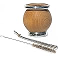 BONMATEI. Yerba Mate Carob Wood Set - Traditional Handmade Cup With Virola and Aluminum Base, Bombilla Straw Included