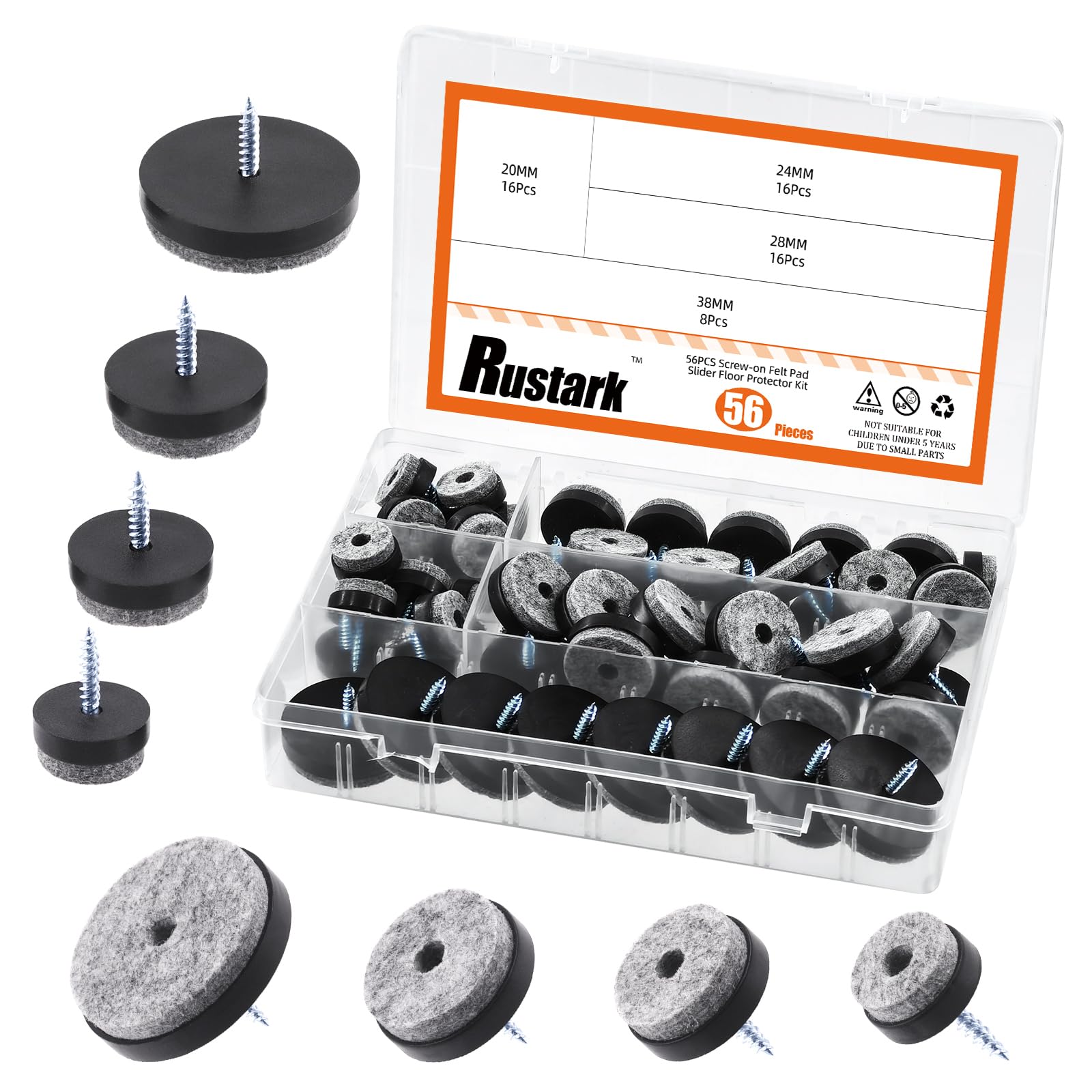 Rustark 56Pcs 4Size Black Screw-on Felt Pad Kit Round Felt Pad Slider Floor Protector with Matching Strong Screws, Non Slip Furniture Felt Chair Pads for Wooden Cutting Board Cabinet Tables Chair