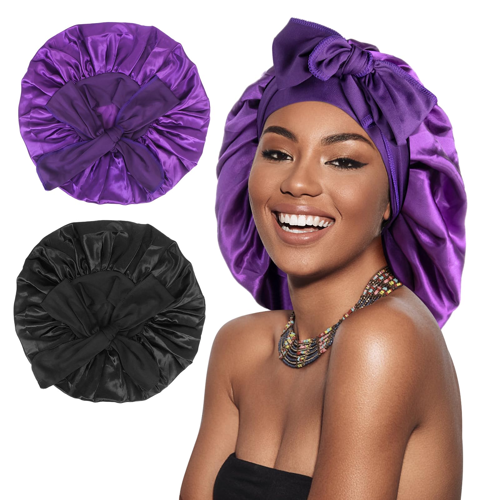 Arqumi Silk Bonnet - 2PCS Large Silk Hair Wrap for Sleeping Adjustable Satin Bonnet Hair Bonnet Sleep Cap with Elastic Stay On Head for Long Curly Thick Black Hair for Women Hair Care Black&Purple