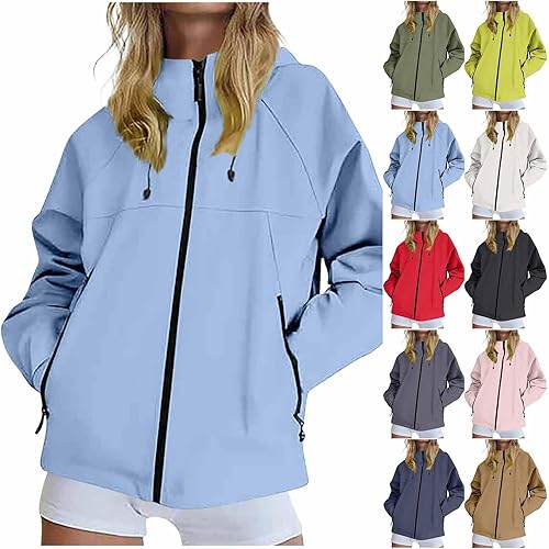 AEGJEGVD Women Waterproof Jacket with Hood,Long Sleeve Zipper Drawstring Rainproof Pocekets Softshell Jackets,Autumn Winter Lightweight Warm Windbreaker,Ladies Outdoor Climbing Windproof Coat S-4XL