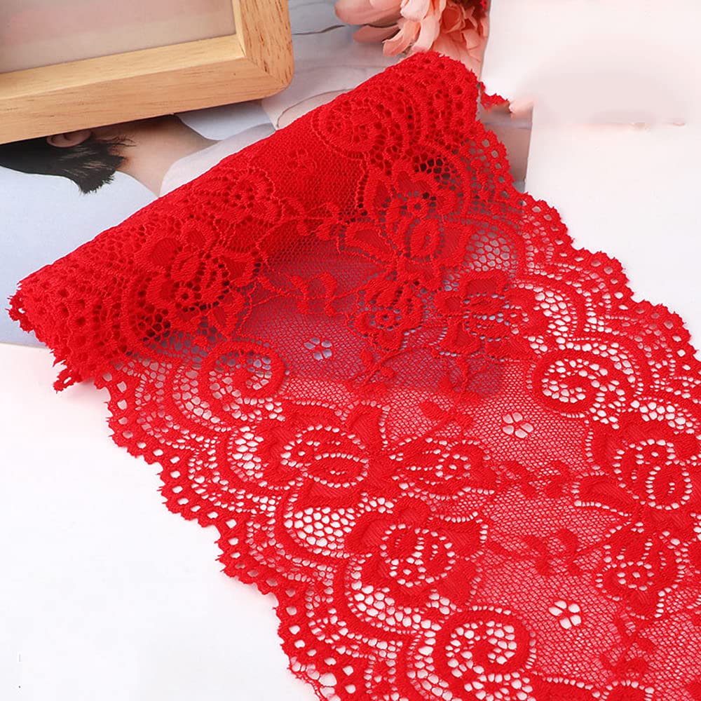 15 cm x 3 m Elasticity Lace Ribbon Lace Trim Decorative Ribbon Lace Trimming Ribbon for Sewing, DIY Crafts, Decoration for Clothes, Underwear, Lingerie, Wedding Dress, Table Decoration, Red #1