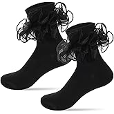 Sorcristy Ruffle Socks Women,Adult Double Lace Turn Cuff Frilly Dress Socks Bobby Sock with Ruffles Cotton Sock for Womens