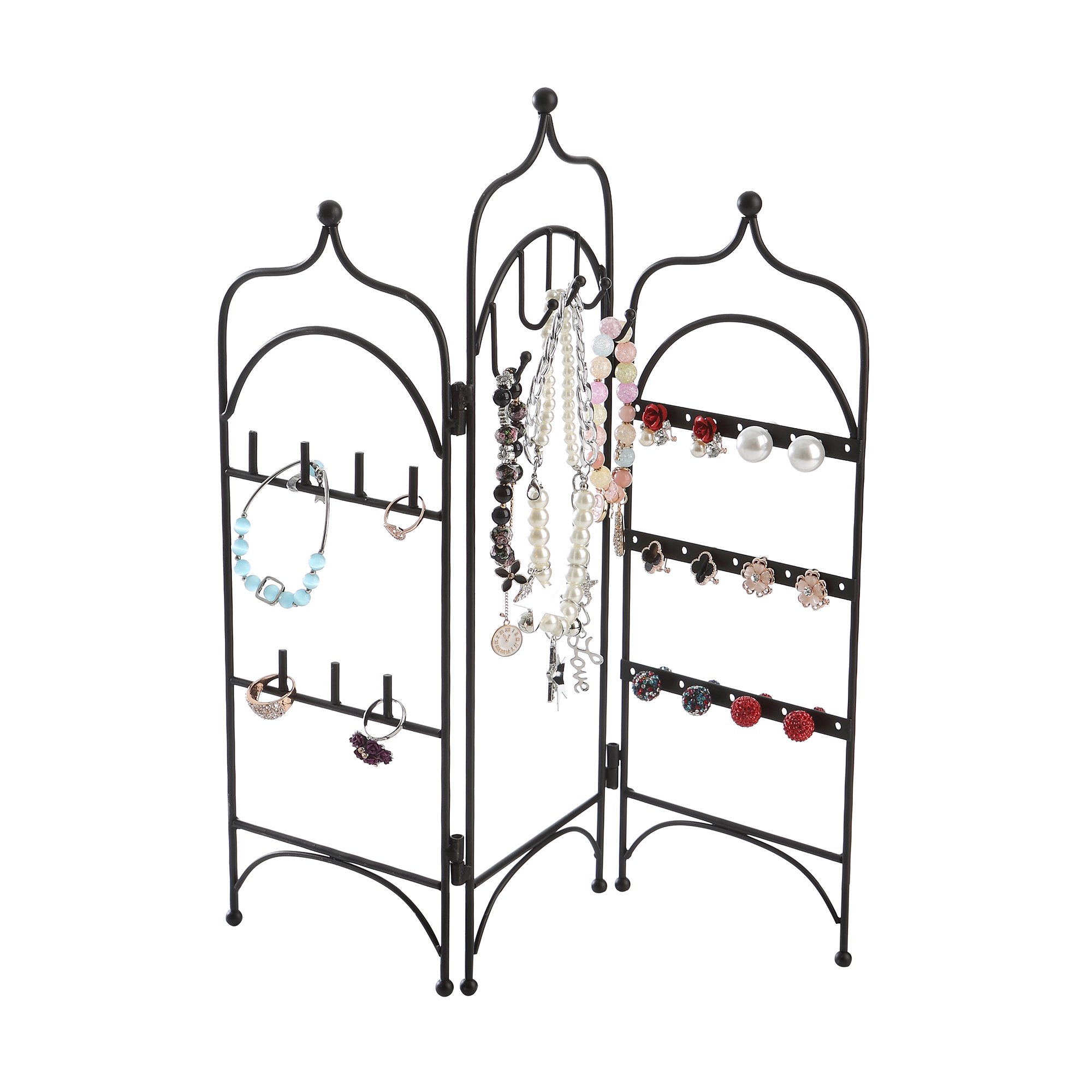 Modern Black Metal 3 Panel Trellis Folding Jewelry Hanger Organizer for Bracelet, Earrings, Necklace