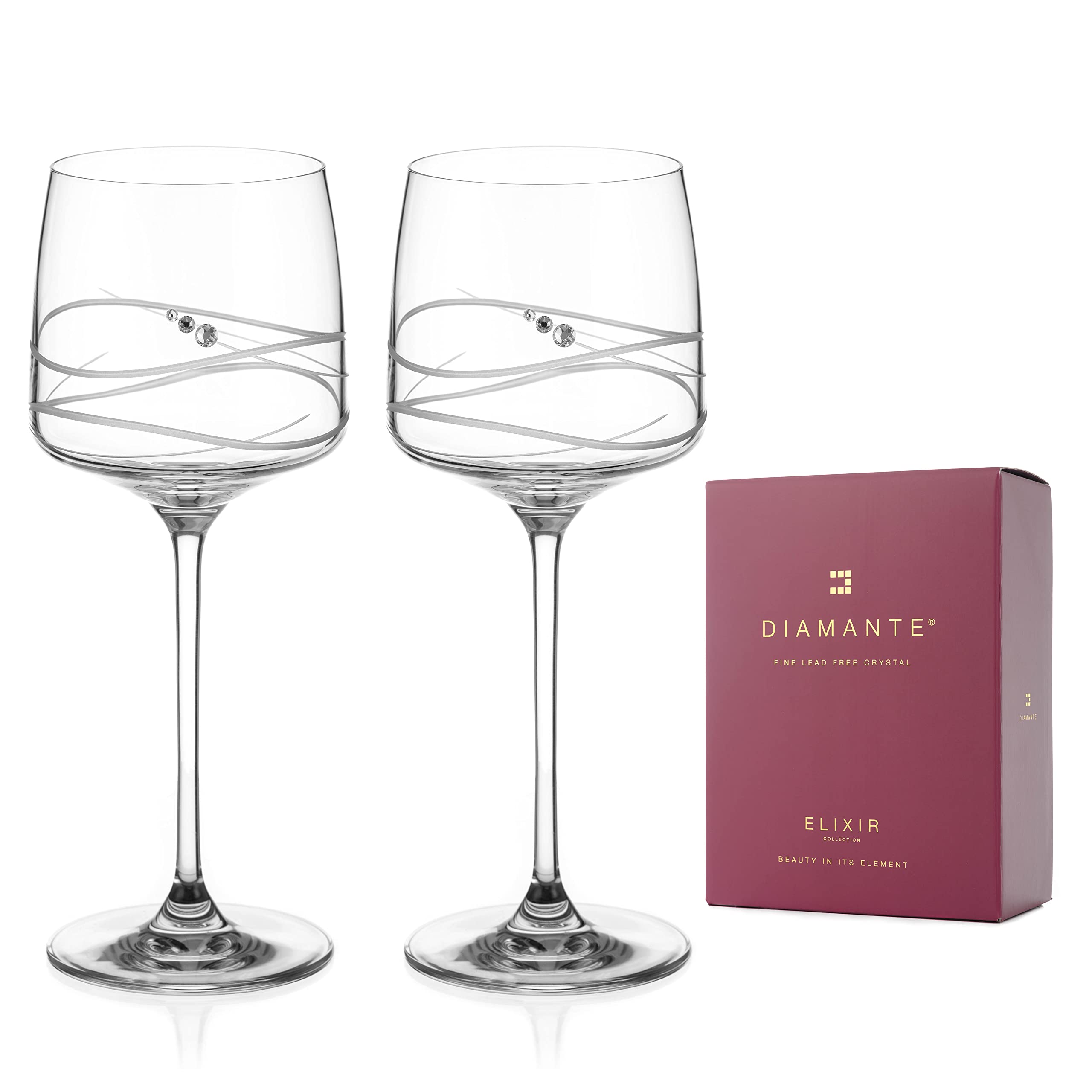 DIAMANTE Red Wine Glasses Pair - 'Soho' - Embellished with Crystals - Gift Box of 2
