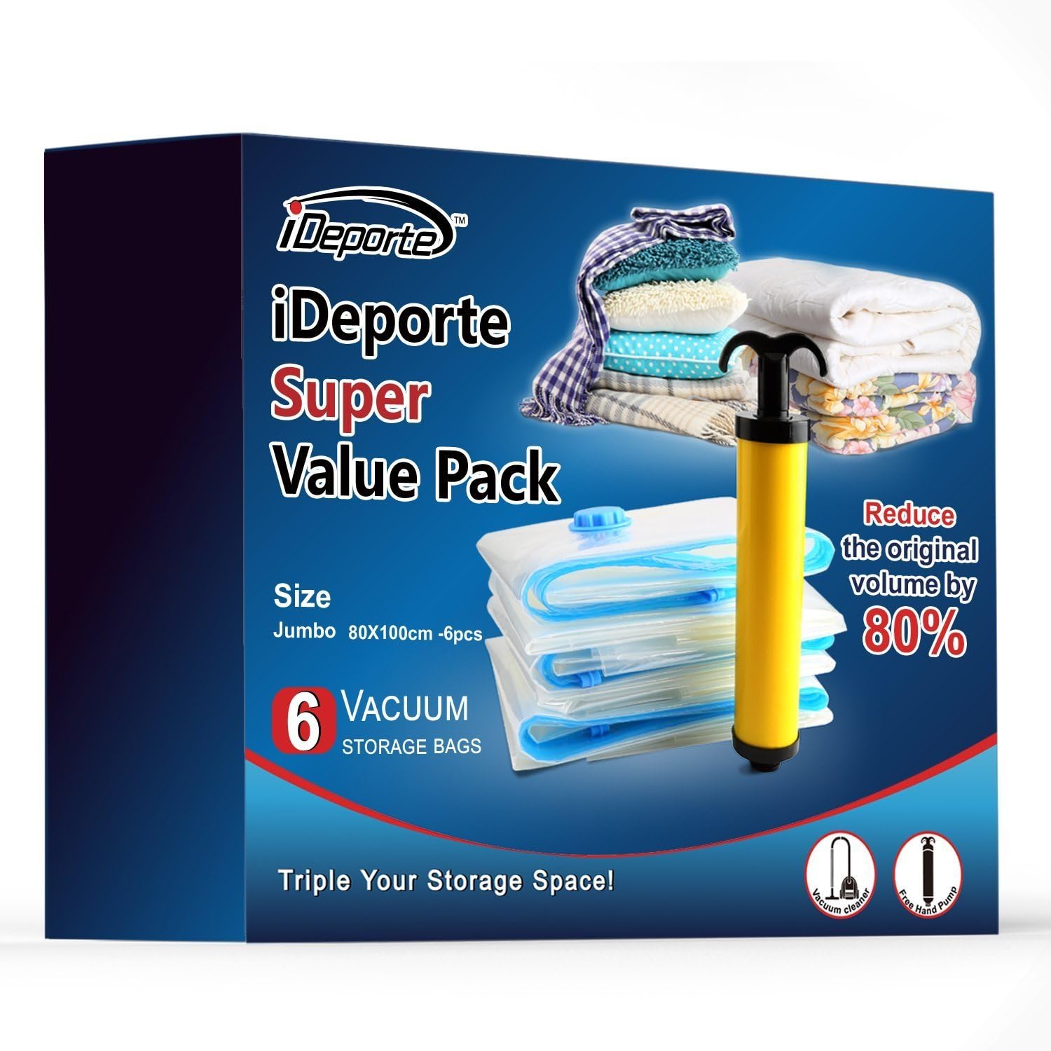 iDeporte Premium Jumbo Vacuum Storage Bags (80cmx100cm 6pack) Stronger PA+PE material with free Hand Pump Double Zip