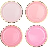 AimFun Pink Scalloped Party Plates Gold Foil Border Paper Plates Valentines Day Disposable 9inch Gradient Serving Plates for Birthday Wedding Bridal Baby Shower Party Supplies (24, Pink)