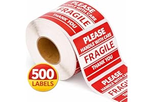 Fragile Stickers Roll – 500 Handle with Care Labels (2 x 3 in), Red & White Warning Stickers for Shipping & Moving, Strong Ad