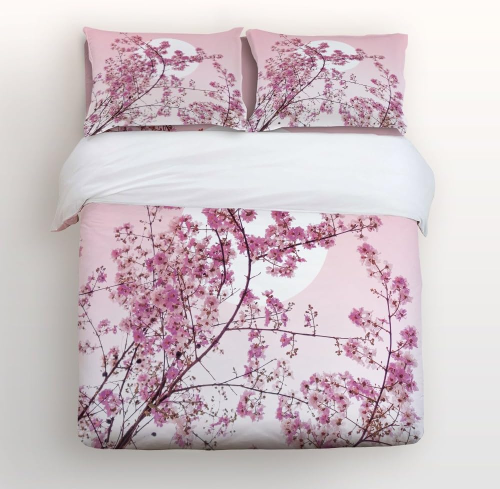Cloud Dream 4 Pieces Bedspread,Flat Sheet, Shams Set, Hypoallergenic Breathable Soft Microfiber Cherry Blossom with Hidden Zipper (Twin)