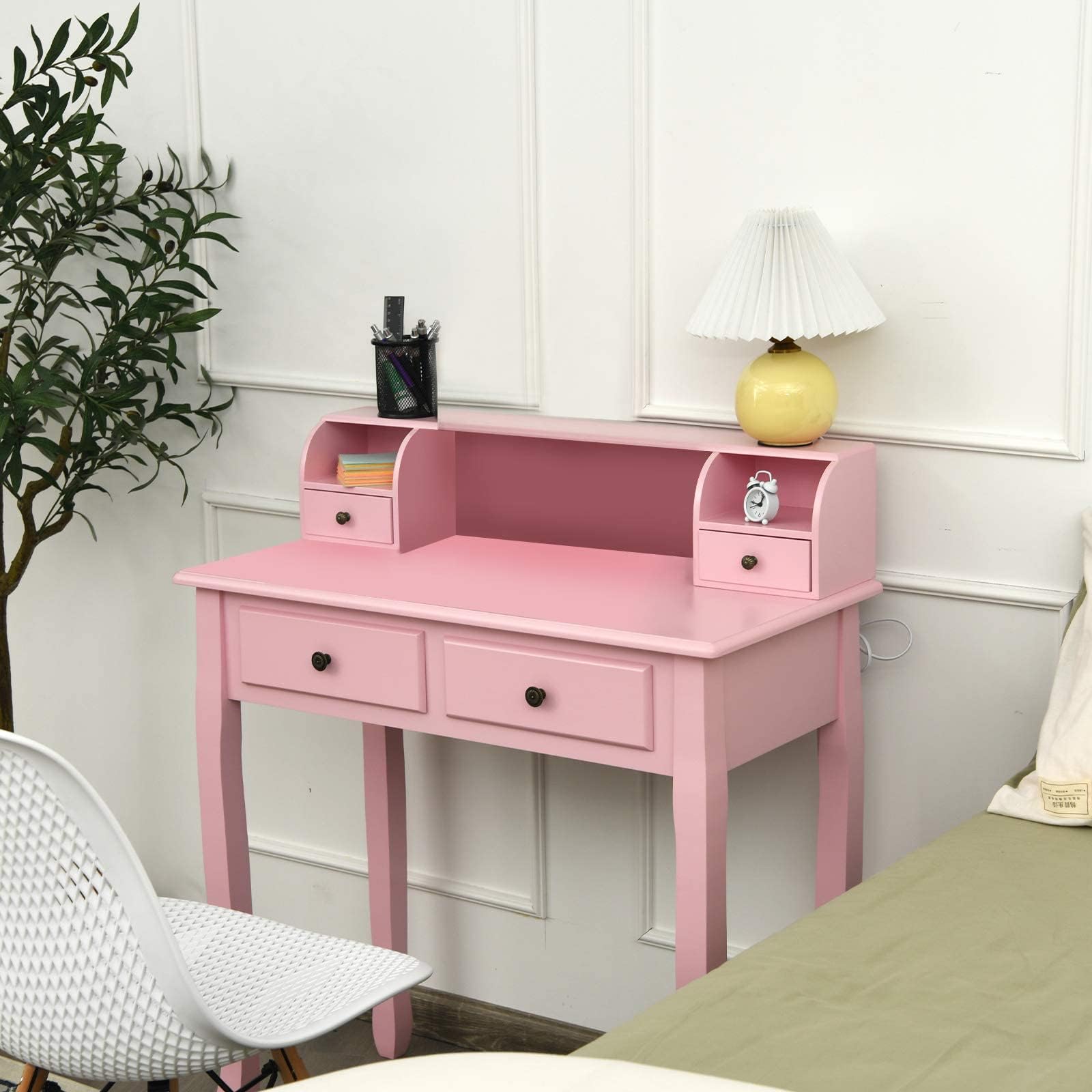 Giantex Writing Desk with 4 Drawers, Removable Floating Organizer 2-Tier Mission Home Computer Vanity Desk for Apartment Small Space (Pink) Image Giantex Writing Desk with 4 Drawers, Removable Floating Organizer 2-Tier Mission Home Computer Vanity Desk for Apartment Small Space (Pink) Image