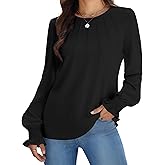 Funlingo Womens Long Sleeve Tops Fashion Fall Shirts Scoop Neck Pleated Ruffle Loose Tunic Tops Business Work Blouse